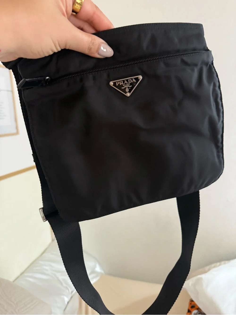 Prada Black Nylon Messenger Bag with Silver Logo Plaque